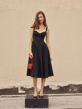 Cider Black Ruffled Bust Fit-and-Flare Midi Dress